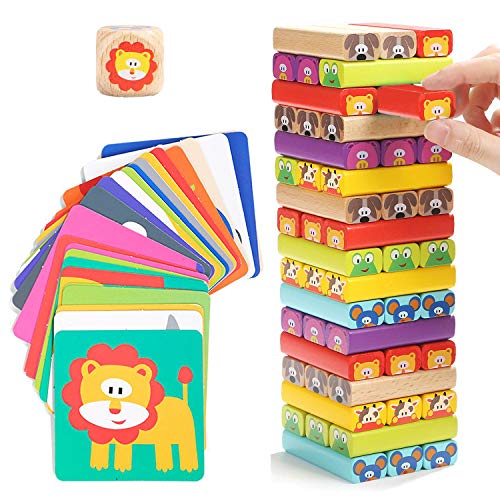 Nene Toys Houten Vallende Toren voor Kinderen 4 in 1 met Dieren en Kleuren – Gezelschapsspel voor Meisjes Jongens van 3-9 Jaar Oud – Educatief Speelgoed dat Cognitieve Vaardigheden Ontwikkelt