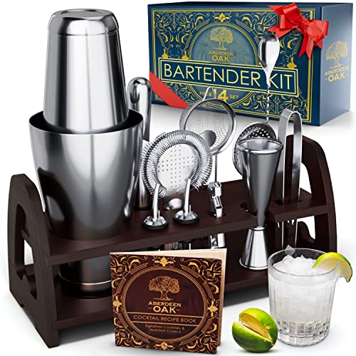 Aberdeen Oak Mixology Bartender Kit - Complete 14 Piece Cocktail Shaker Set and Bar Kit Bar Accessories for the Home Bar Set and Bar Tools Bar Cart Accessories, Bar Cocktail Shaker Set Bartender Tools