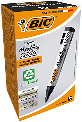 BIC Marking 2000 Permanent Marker 8209153, Watervaste Stift voor Glas, Metaal, Hout & Meer, Lijndikte 1,7 mm, 12 Stuks, Zwart