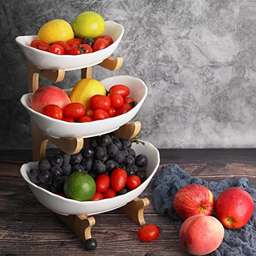 Fruit Etagere Keramische 3 Tier Porseleinen Fruitschaal 3 Tier Fruitschaal met Natuurlijke Bamboe Standaard Serveerschaal voor fruit, gebak, snoep