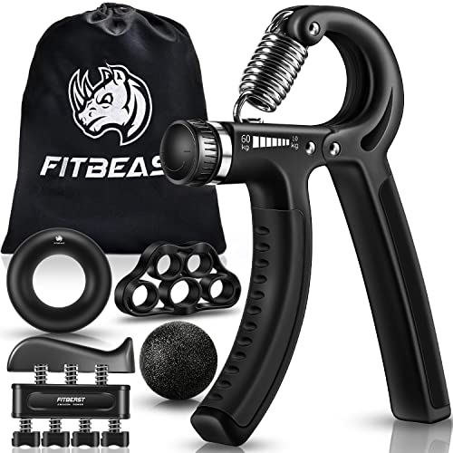 FitBeast Handtrainer voor krachtverhoging, trainingsset met onderarmgreep, set van 5, verstelbare handtrainer, vingertrainer, vingerstretcher, trainingsring en stress-afbouw-handgreep voor sporters (Zwart)