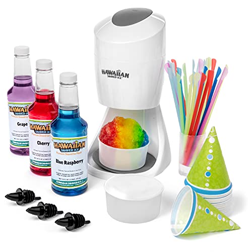 Hawaiian Shaved Ice S900A Shaved Ice and Snow Cone Machine with 3 Flavor Syrup Pack and Accessories 