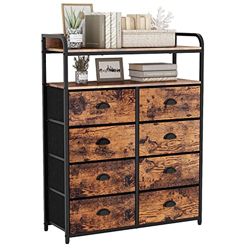 Furologee 8 Storage Drawers Dresser for Bedroom with Double Shelf Tall, Large Storage Organizer Unit for Closet,Living Room,Entryway, Wooden Top,Sturdy Metal Frame (Rustic Brown, 8 drawers)
