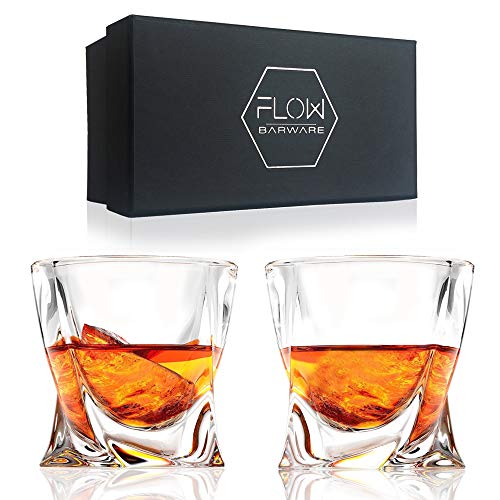 Flow Twist Whiskey Glasses Set of 2 , Whisky Glass Gift Set with Twisted Design Perfect Whiskey tumblers for Scotch, Bourbon Gin & Tonic