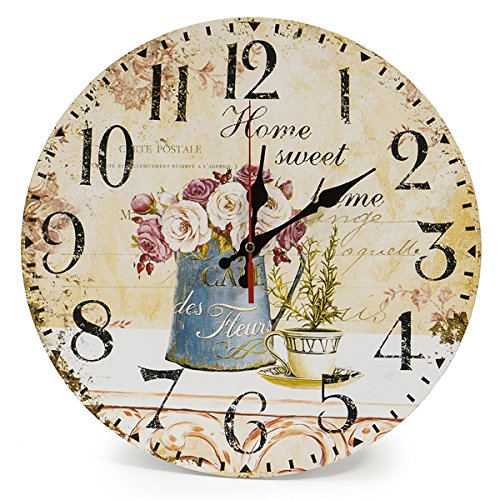 LOHAS Home LOHAS Home 12 inch/30 cm houten wandklok/keukenklok in landelijke stijl stil niet tikken voor de keuken, thuiskantoor, woonkamer en slaapkamer (Cafe & Bloemen)